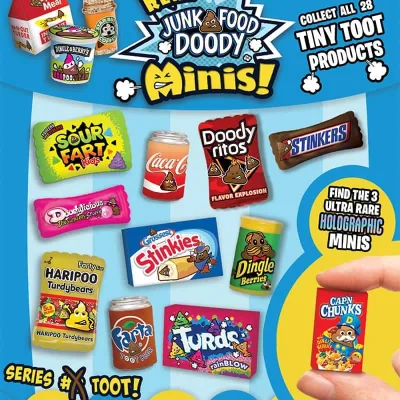 Real Junk Food Doody Minis Series A collectible tiny toot parody food toys assortment with humorous poop-themed packaging