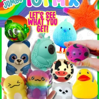 Jumbo Toy Mix assorted novelty toys including squishy animals, rubber duck, stress balls, panda, starfish, and sensory toys for crane machines, prize machines, redemption counters, and carnival prizes.