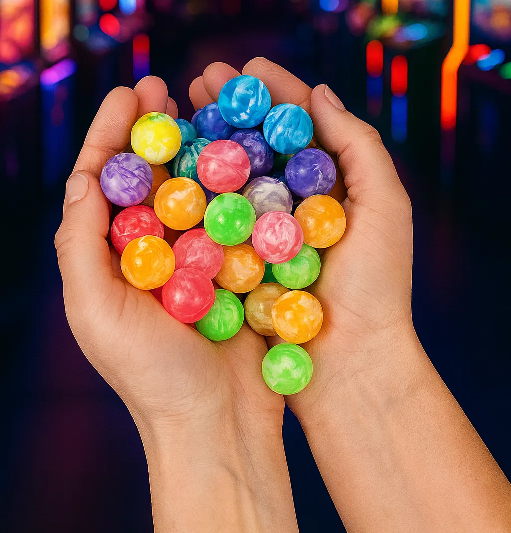 Assorted 19 mm neon and swirl bouncy balls in a clear bin