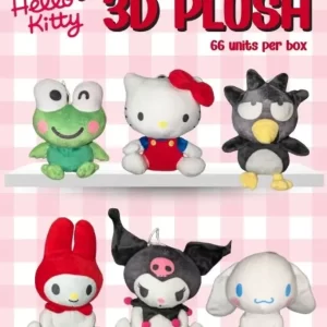 Soft Hello Kitty plush characters in various outfits and colors, perfect for crane machines and arcade prize counters.