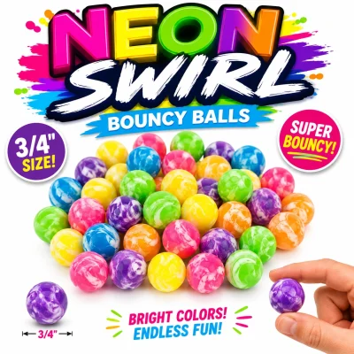 3/4-inch neon swirl bouncy balls in assorted bright colors including blue, pink, green, yellow, purple, and orange with Neon Swirl title on a white background, ideal for vending machines, prize redemption, arcade prizes, party favors, and toy capsules.