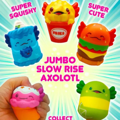 Jumbo 4-inch axolotl squishy toys in fast food themes, soft slow-rise foam, ideal for vending, claw machines, or redemption counters.