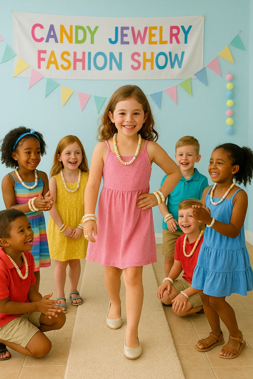 Child modeling candy jewelry on a runway with cheering kids watching