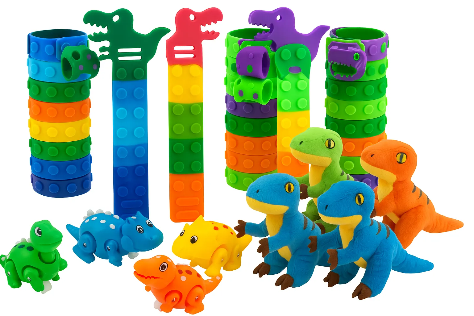 Dinosaur bundle with slap bracelets, press-and-go racers, and plush raptors