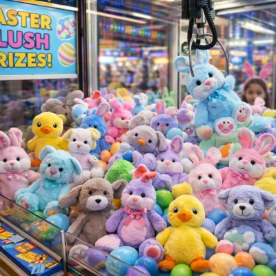 7-inch Easter plush toys including pastel bunnies, chicks, lambs, and bears inside a colorful arcade claw machine, with the crane grabbing a blue bunny plush—ideal crane prizes for spring and Easter arcade promotions.