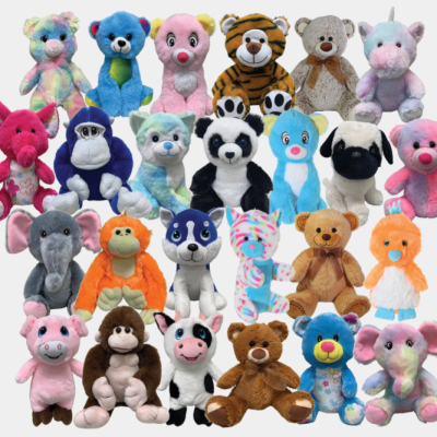Bulk 10–11 inch jumbo plush toy assortment – includes elephants, monkeys, pandas, pigs, dogs, and more in bright, colorful styles