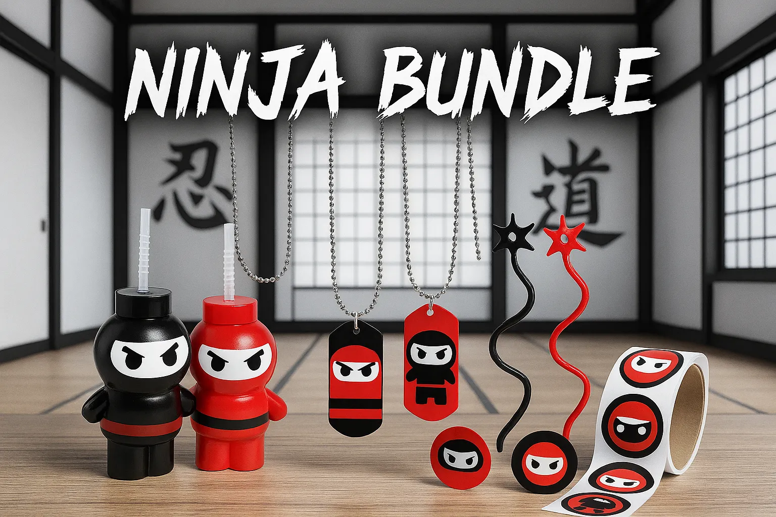 Ninja-themed prizes including sticky stars, dog tags, cups, and stickers