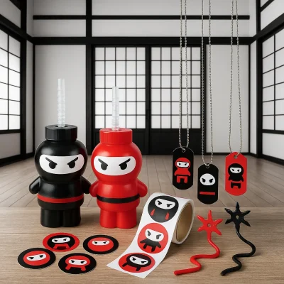 Ninja-themed toys arranged inside a black-and-white Japanese dojo. Includes red and black ninja sippy cups, dog tag necklaces, ninja star wands, and sticker rolls, all displayed on a wooden floor with shoji screen walls in the background.