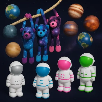 "Space-themed prize bundle featuring colorful astronaut figures, galaxy plush bears hanging from a rope, and toy balls designed as planets floating in a cosmic background."