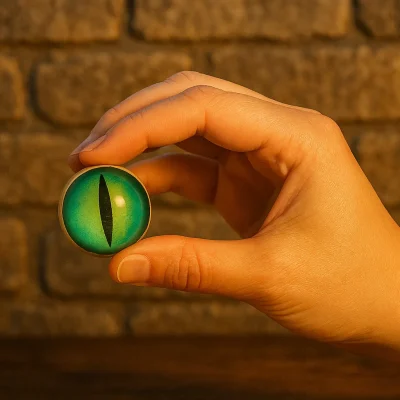 A fair-skinned hand holds a green dragon eye bouncy ball in front of a weathered stone castle wall, bathed in warm ambient lighting.