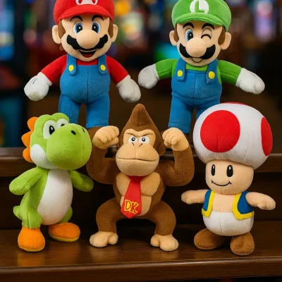 Five Nintendo character plush toys — Mario, Luigi, Yoshi, Donkey Kong, and Toad — are displayed on a wooden shelf in an arcade setting, with colorful out-of-focus game lights in the background.