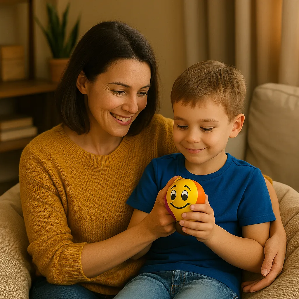 Mother and son smiling together while holding a hot air balloon stress toy