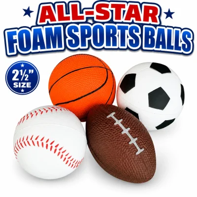 ALL-STAR Foam Sports Balls 2.5 Inch assortment featuring mini foam basketball, soccer ball, baseball, and football for crane machines, redemption prizes, arcades, carnivals, and prize counters.