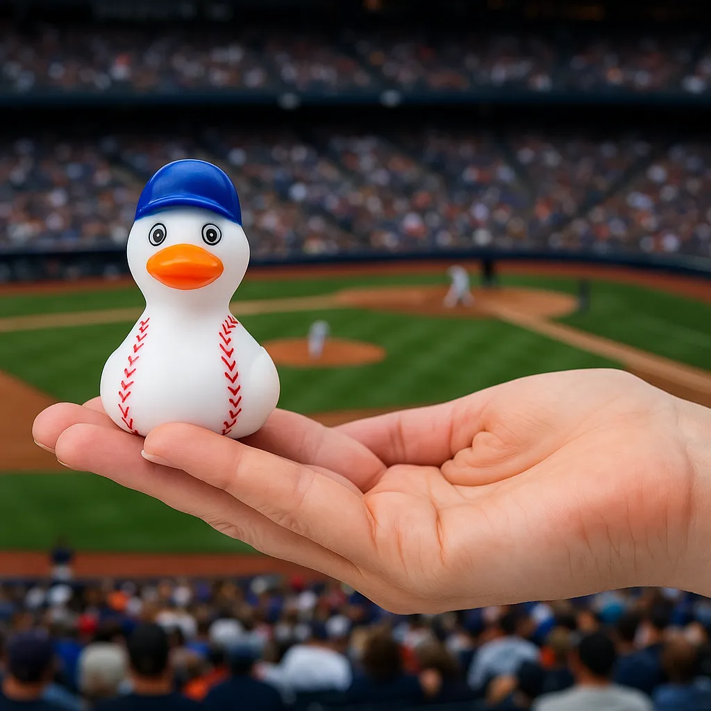 Baseball-themed rubber duck in a stadium with bright lights filling the hero background