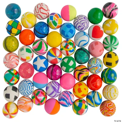 "A colorful assortment of 31mm rubber bouncing balls in various vibrant patterns and designs, including swirls, stars, geometric shapes, and heart motifs."
