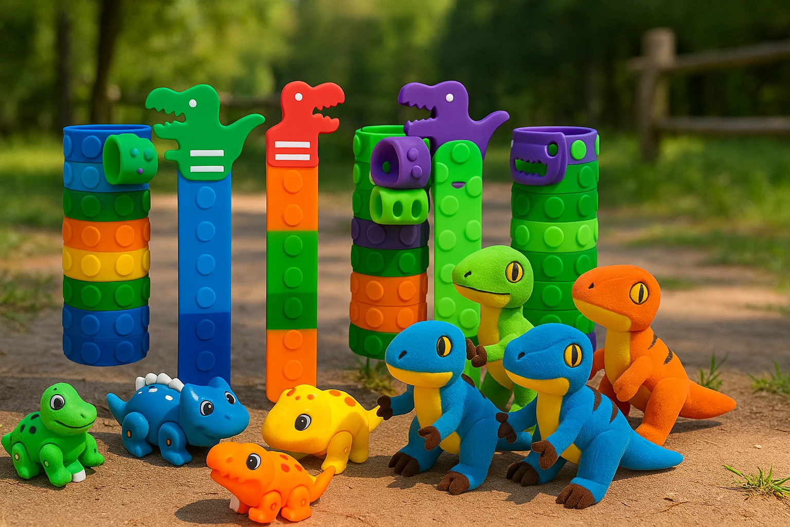 Outdoor dinosaur toy bundle with slap bracelets, stacking bands, wind-up dinos, and plush raptors