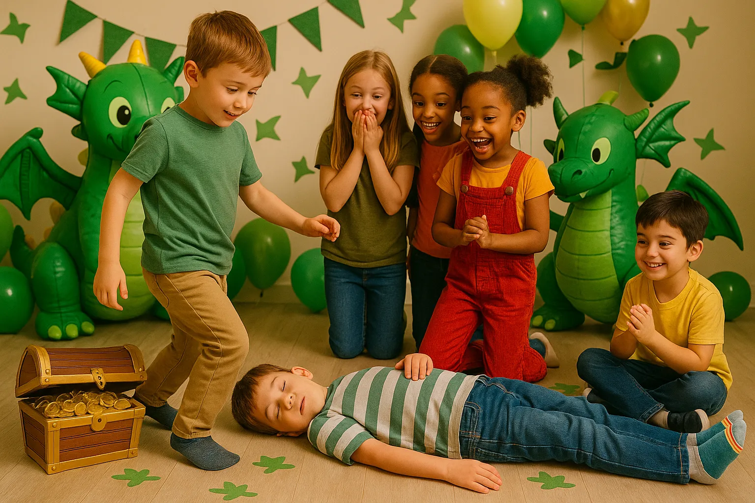 Kids sneak past a sleeping dragon guarding a golden treasure