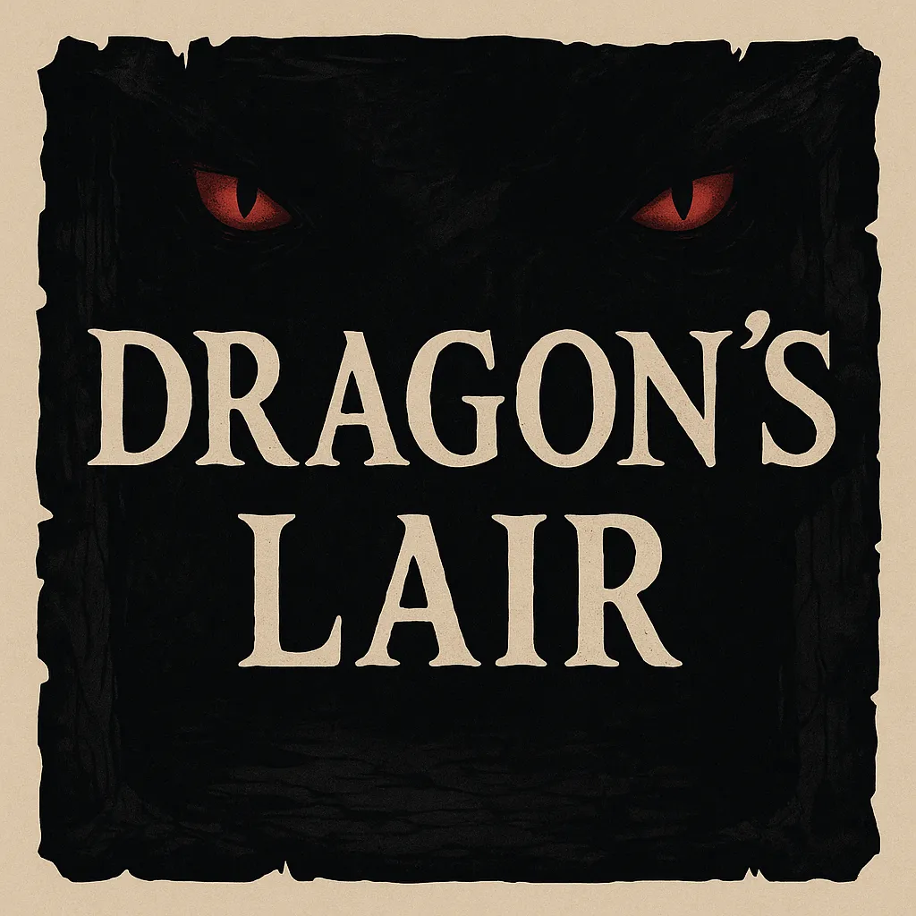 Printable Dragon's Lair sign with glowing red eyes on dark wood
