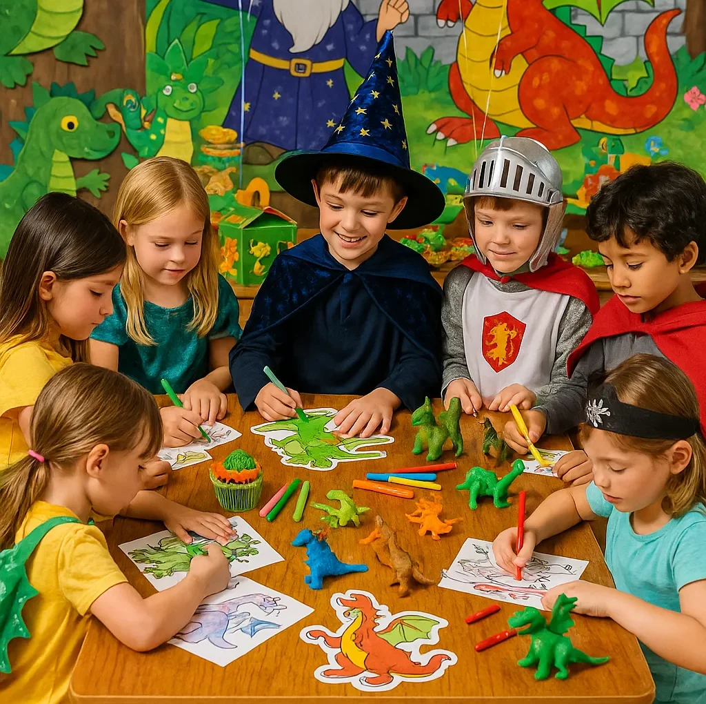 Kids at a fantasy dragon party with medieval and wizard decorations