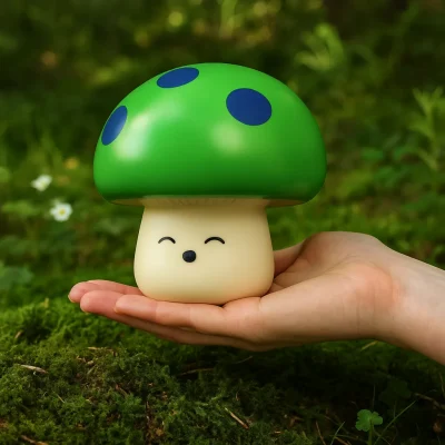 "A cute green mushroom toy with blue spots and a smiling face, resting in a person's hand outdoors on a mossy forest floor with greenery in the background."