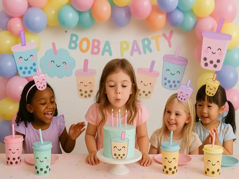 Kawaii boba themed party with decorations and cups