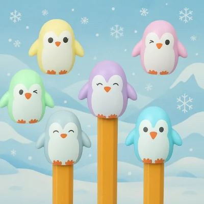 Six pastel penguin pencil toppers with various expressions placed in front of a snowy winter landscape with falling snowflakes and mountains.