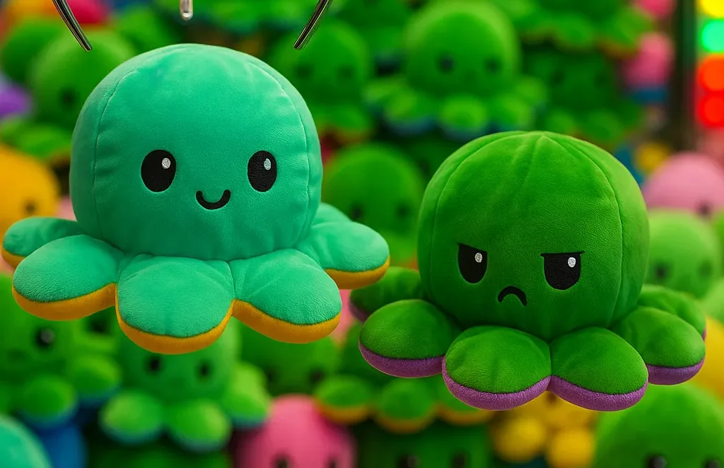 Reversible octopus plush inside a lit crane machine ready to win