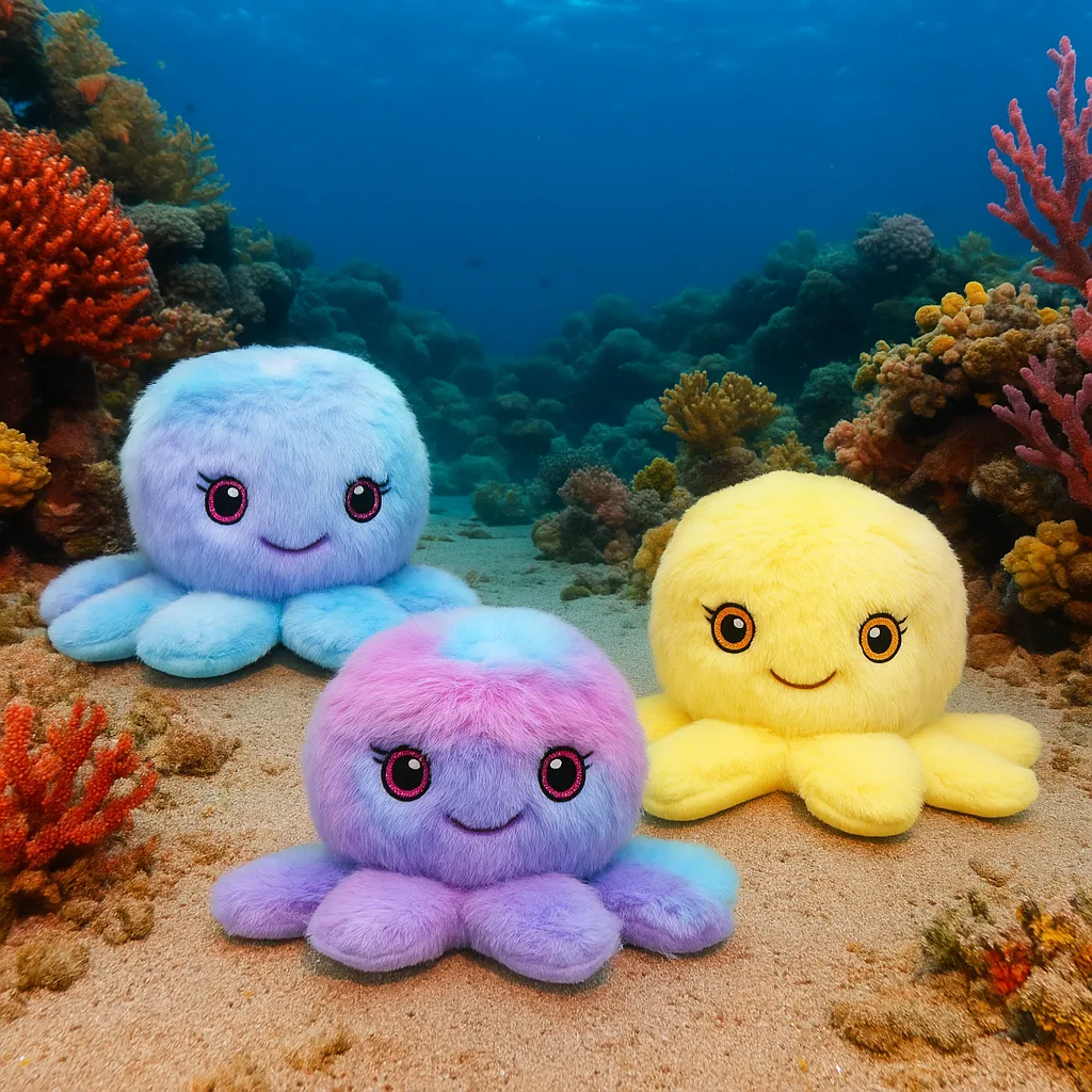 Pile of reversible octopus plush, assorted colors ready for arcades