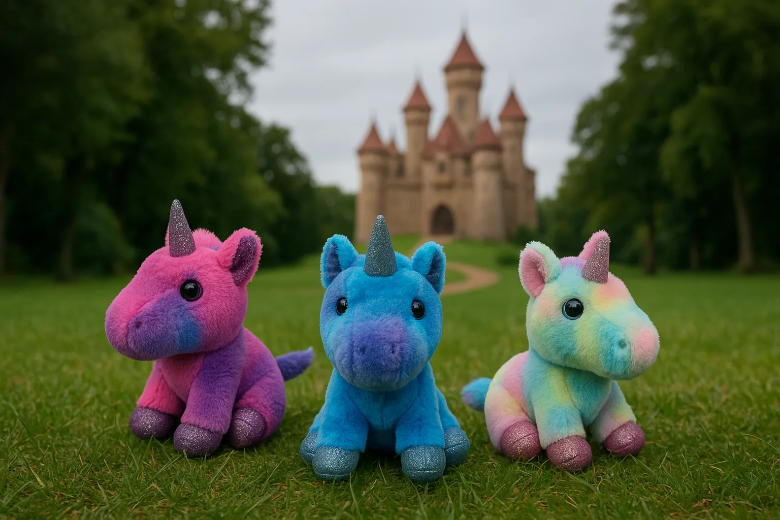 Plush unicorn prize mix in front of a fantasy castle background