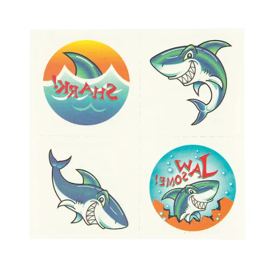 Assorted shark-themed tattoos for kids featuring bold cartoon great whites
