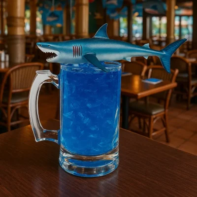 "Shark-themed drink with blue ice in a glass mug, displayed on a wooden table in a tropical restaurant decorated with shark balloons and banners."