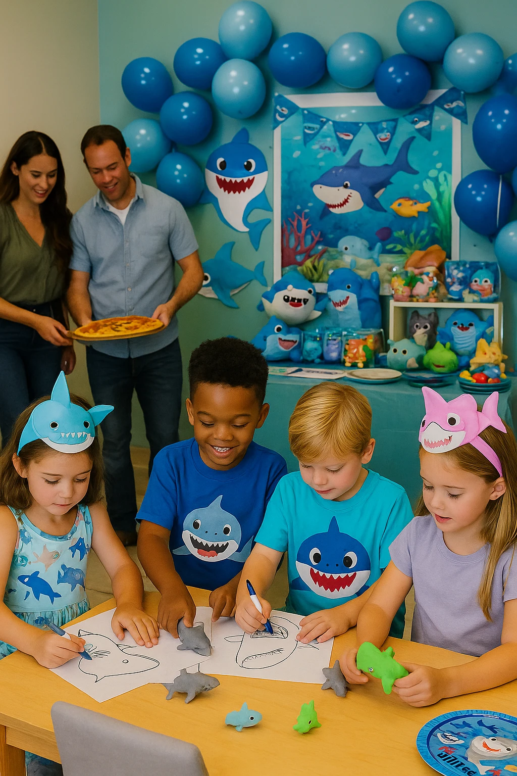 Shark-themed party at an aquarium with crafts, toys, and decorations