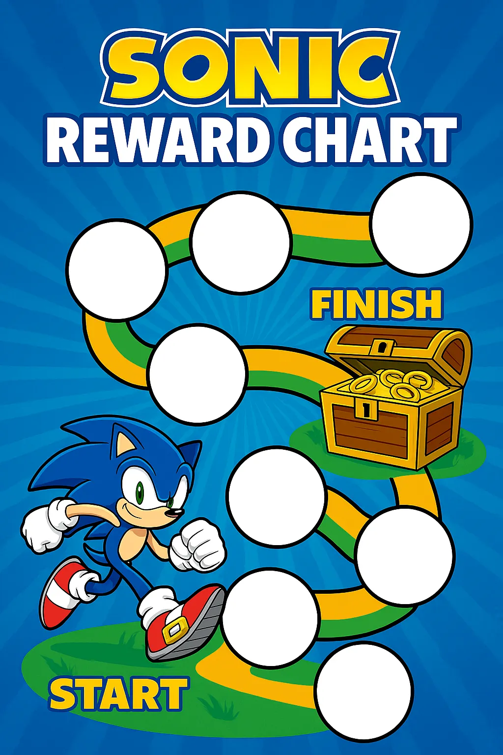 A Sonic the Hedgehog-themed reward chart with a bright blue background, featuring Sonic running along a winding path of seven white circles labeled from START to FINISH, ending at a treasure chest full of golden rings.