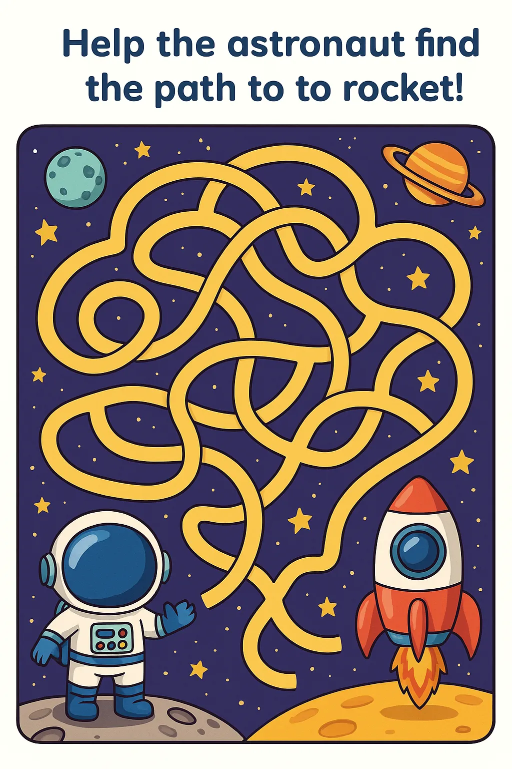 Outer space maze game with astronaut and rocket ship for kids