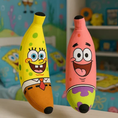 SpongeBob and Patrick plush banana toys displayed on a wooden surface in a colorful kid’s bedroom with SpongeBob-themed bedding and wall decor.