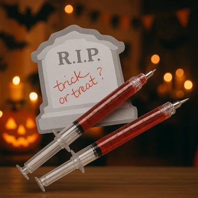 "Syringe pens filled with red ink beside a tombstone notepad that reads 'R.I.P. trick or treat?' set against a festive indoor Halloween party background with candles and jack-o'-lanterns."