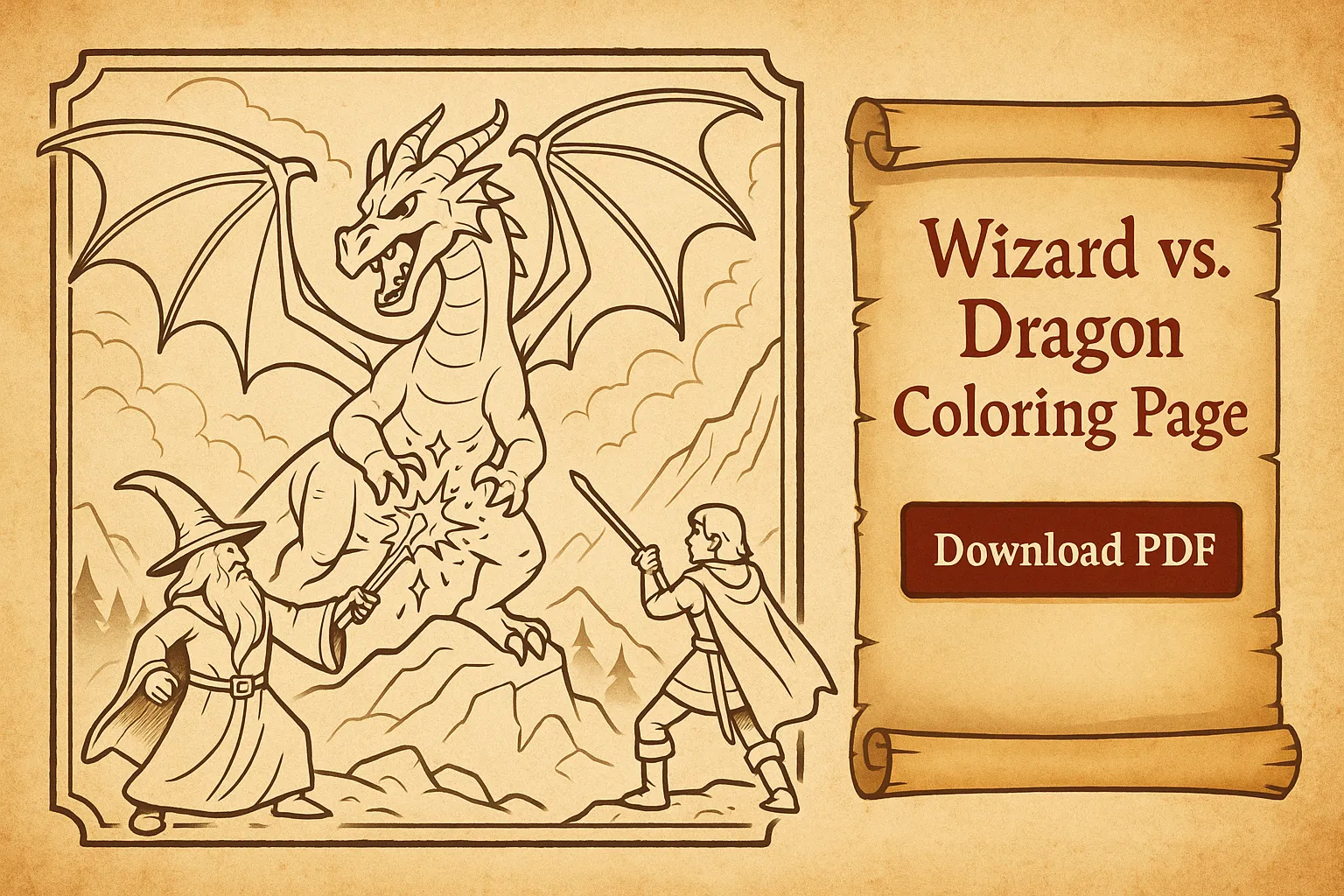 Wizard and warrior battle a dragon coloring page preview