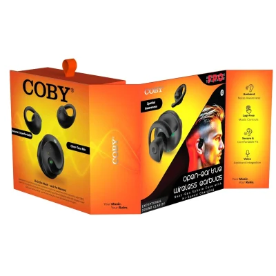 Retail packaging of open-ear true wireless earbuds with over-ear hooks and green LED indicators, showcased in a vibrant orange box design with product features highlighted.