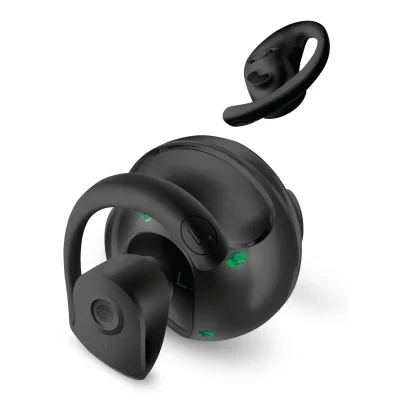 Black true wireless earbuds with over-ear hooks and green LED indicators, displayed on a clean white background in a square format.
