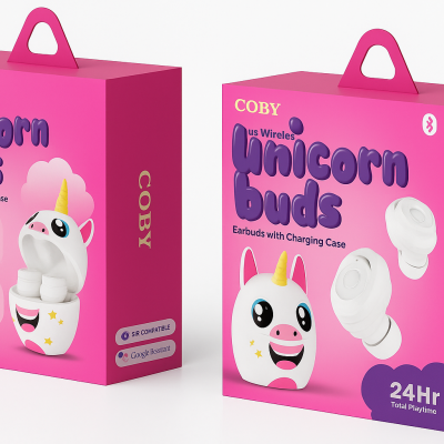 COBY Unicorn Buds wireless earbuds retail packaging, featuring vibrant pink boxes with a unicorn-themed charging case, earbuds, and icons highlighting 24-hour playtime, water resistance, built-in mic, and voice assistant compatibility.