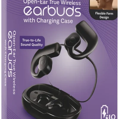 Retail packaging for COBY Open-Ear True Wireless Earbuds with Charging Case, shown against a purple background with curved line accents. The front of the box displays the earbuds and charging case, a "True-to-Life Sound Quality" badge, and a small photo of a man wearing the earbuds with the caption "Flexible Form Design." The bottom corner highlights "Up To 10 Hours Total Playtime" with a battery icon.