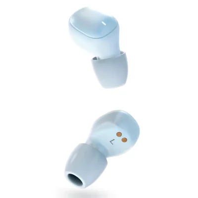 "Pair of COBY true wireless earbuds with silicone tips, displayed on a clean white background, highlighting their compact, ergonomic design and charging contacts."