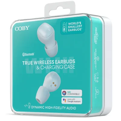 "Retail packaging of COBY True Wireless Earbuds with Charging Case, featuring turquoise background, product images, and labels for Siri and Google Assistant compatibility."