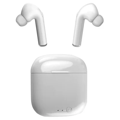 White true wireless earbuds with silicone tips and a matching charging case, displayed on a clean white background.