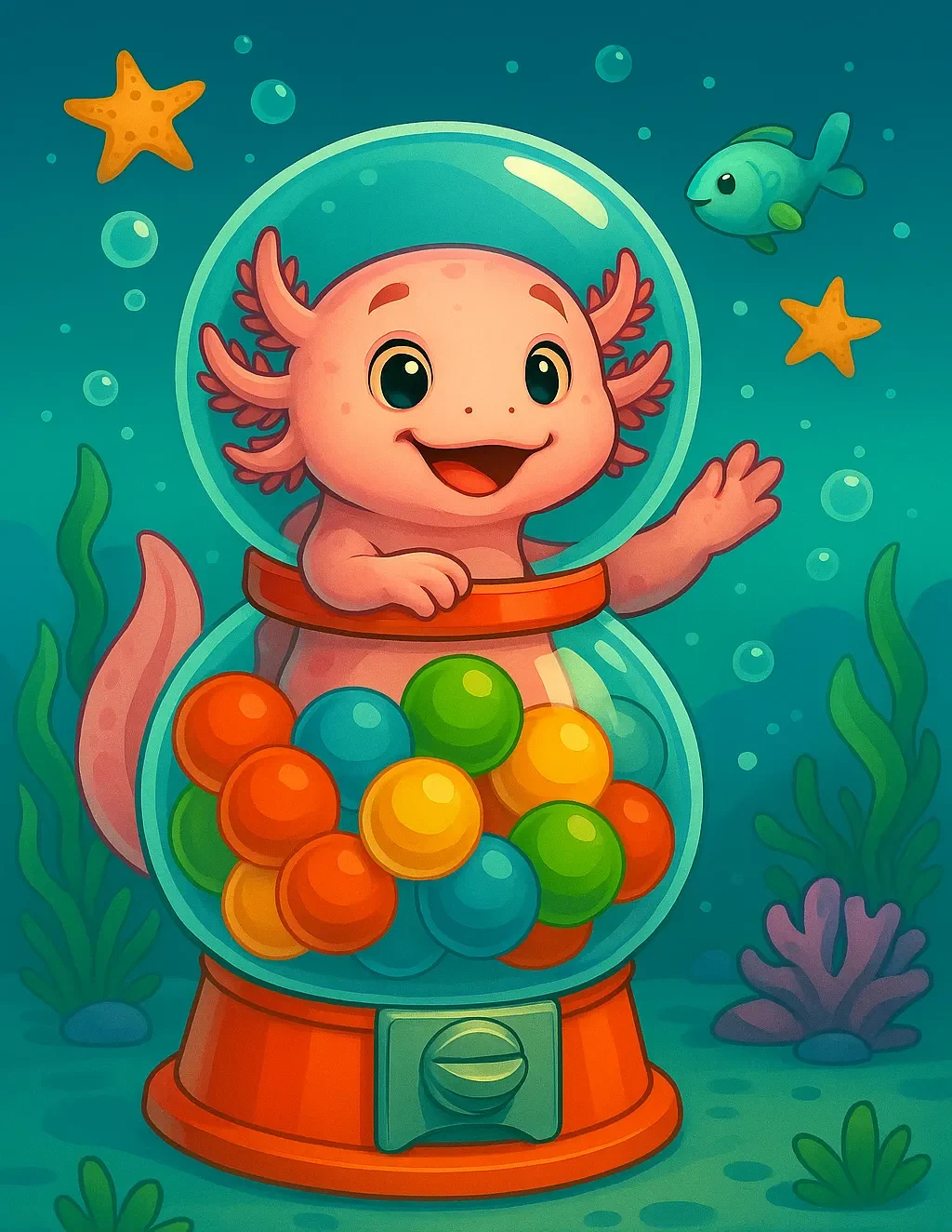 Axolotl toys with pastel underwater theme
