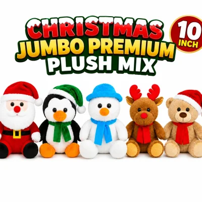 Christmas Jumbo Premium Plush Mix 10 Inch assorted holiday plush toys including Santa Claus, penguin, snowman, reindeer, and teddy bear for claw machines, crane games, arcades, holiday prize redemption, and Christmas promotions.