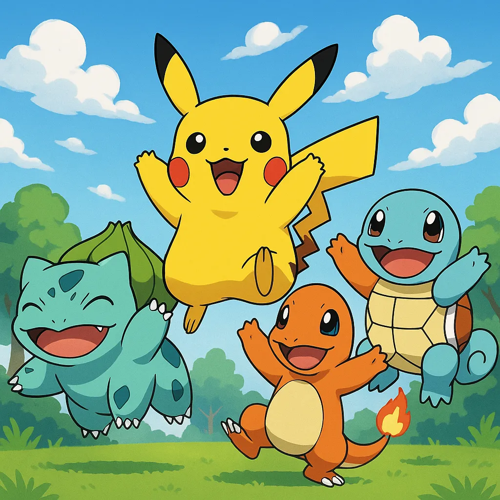 Excited Pokémon characters jumping with joy in a bright outdoor setting