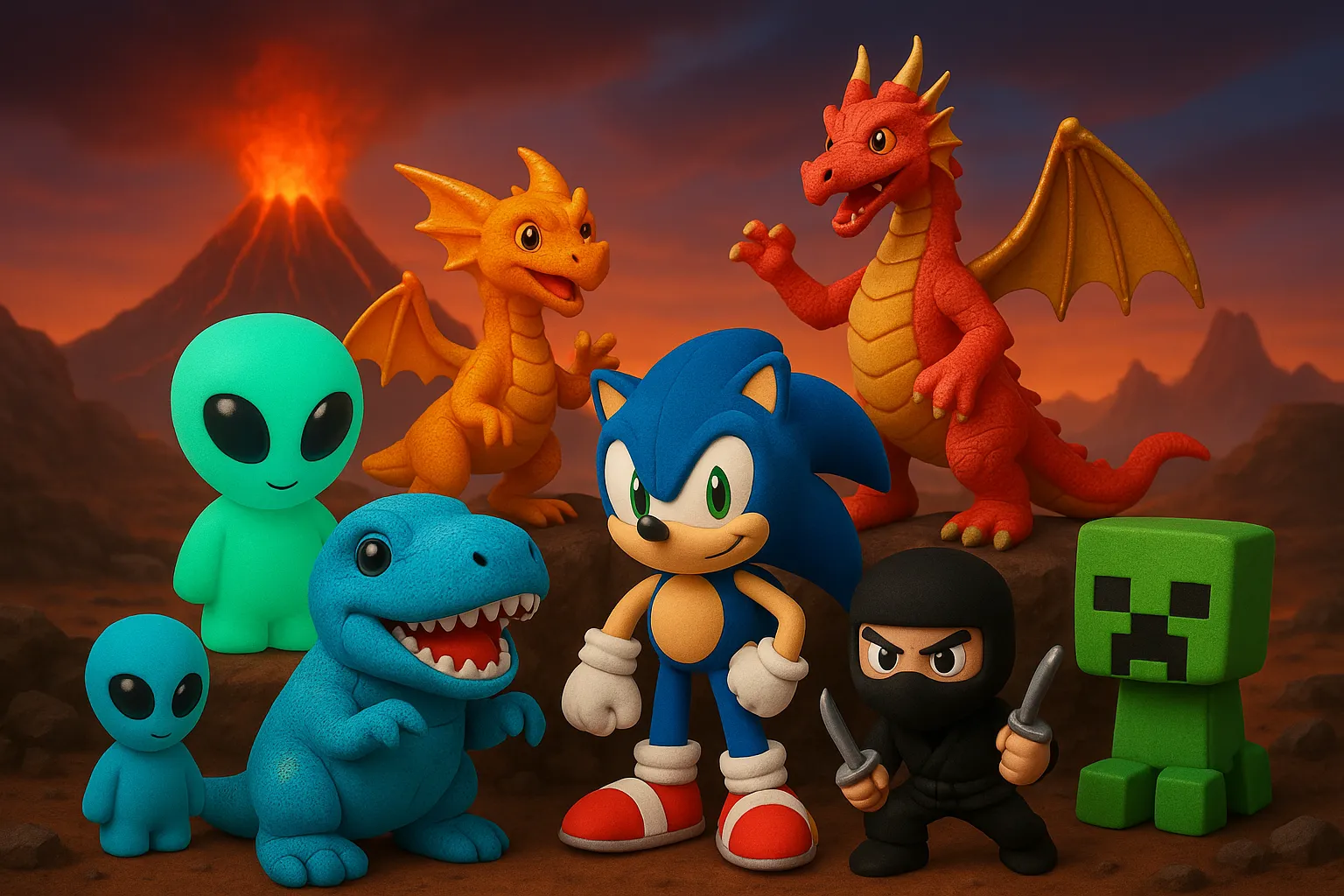 Colorful plush and toys arranged by theme in a volcano backdrop