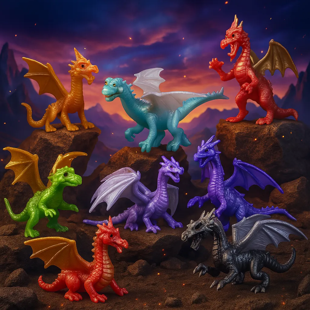 Assorted dragon figurines arranged for themed play or party decor