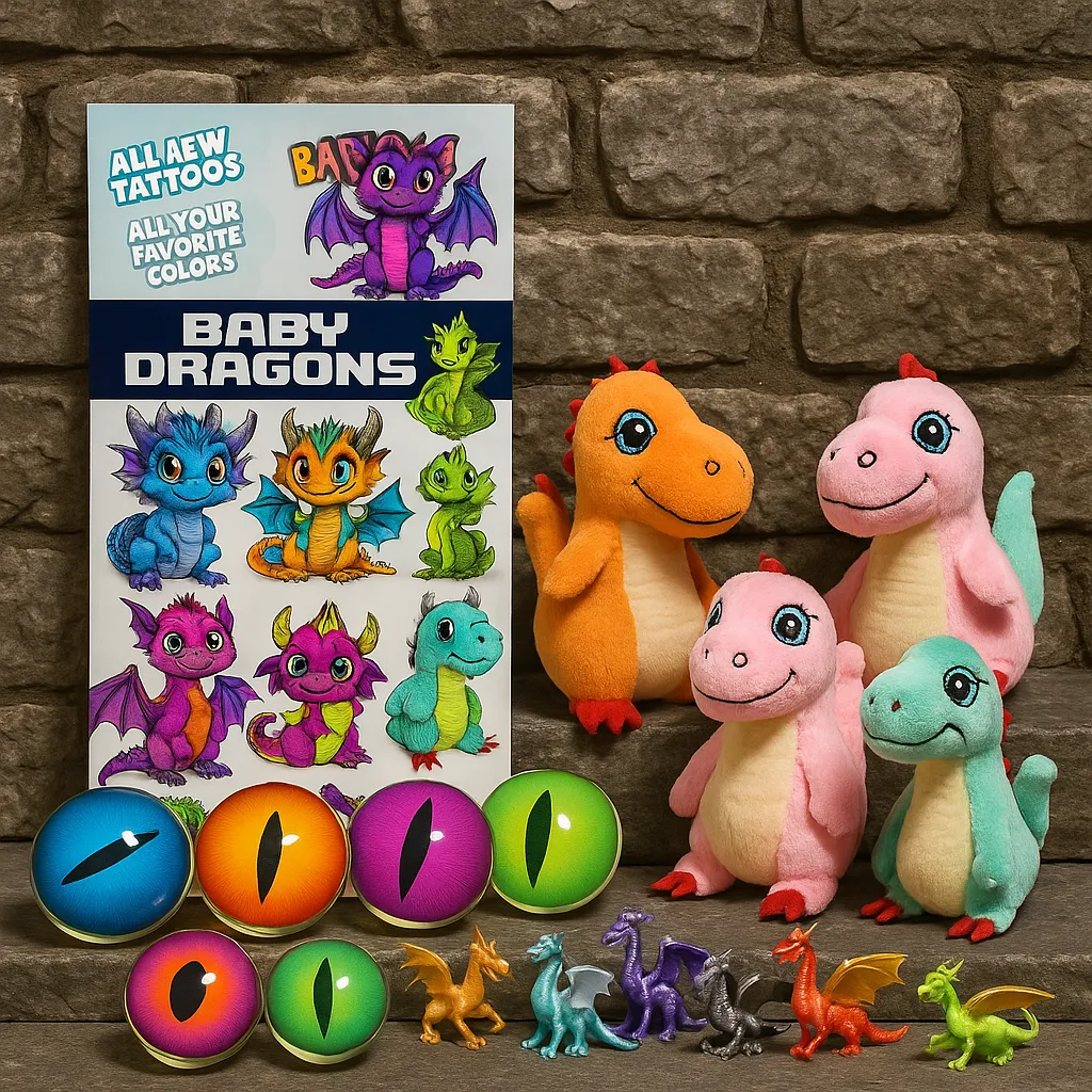 Dragon-themed vending display with tattoos, plush, figurines, and dragon eye balls